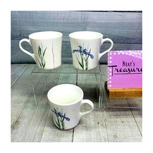 Corelle Corning SHADOW IRIS Purple Pastel Flowers White 8oz Stoneware Cups Set